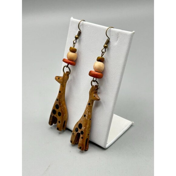 Vintage Giraffe Earrings Carved Hand Painted Wood Dangles Animal Ethnic Jewelry - Picture 3 of 8